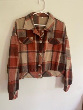 Plaid Button-Up Crop Jacket in Rust and Cream